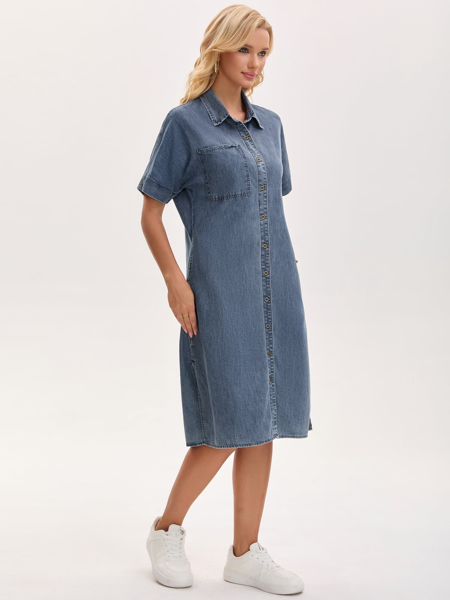 DARING DIVA Midi Denim Short Sleeve Button Down Tunic Jean Dress S Gray Blue