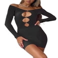 thumbnail image 2 of PENGXIANG Robe Cocktail Aguichant Ajourée pour Femmes Bodycon Maille Transparente Patchwork Manches Longues Épaules Dénudées Robe Mini Clubwear, 2 of 7