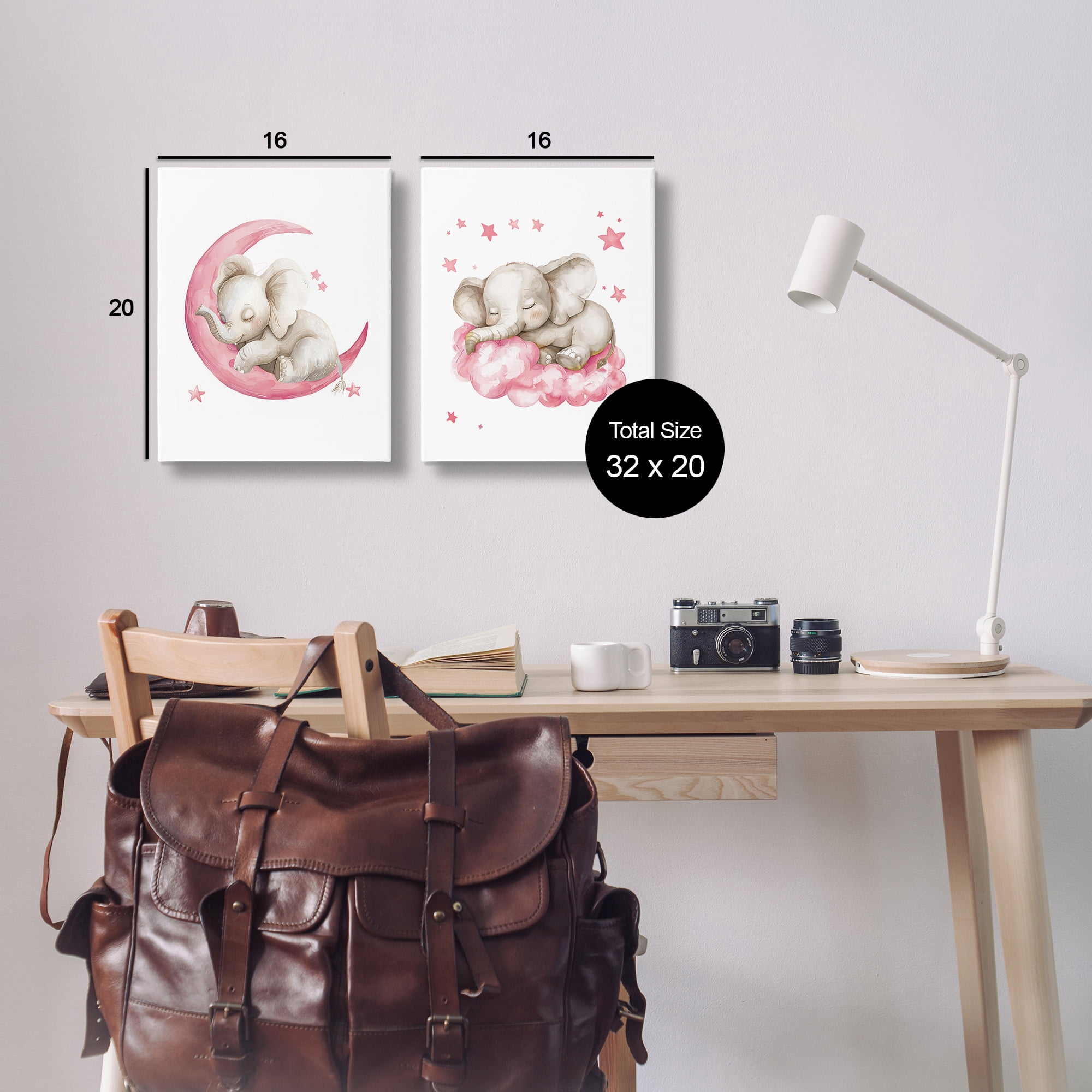 Stupell Industries Pink Sleepy Elephant Animals Painting Wrapped Canvas Art Print Wall Art, 16 x 20, Set of 2