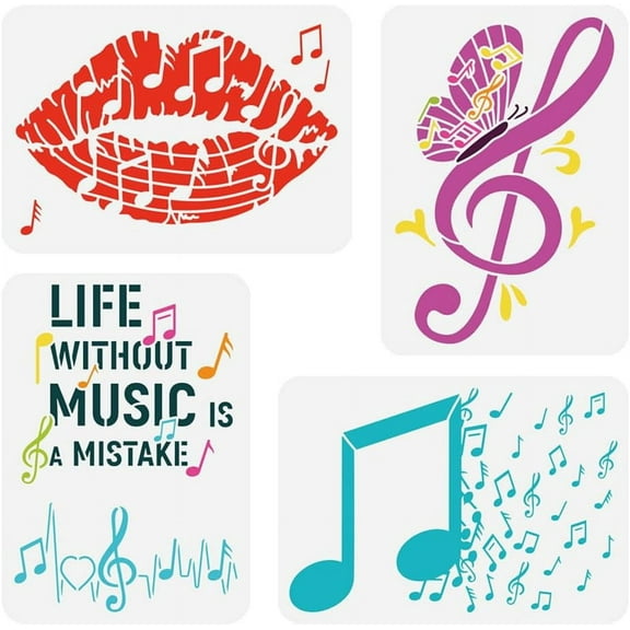 4 pcs Music Painting Stencil 8.3x11.7 inch Reusable Musical Notes Lips Butterfly Drawing Template Life Without Music is a Mistake Stencil