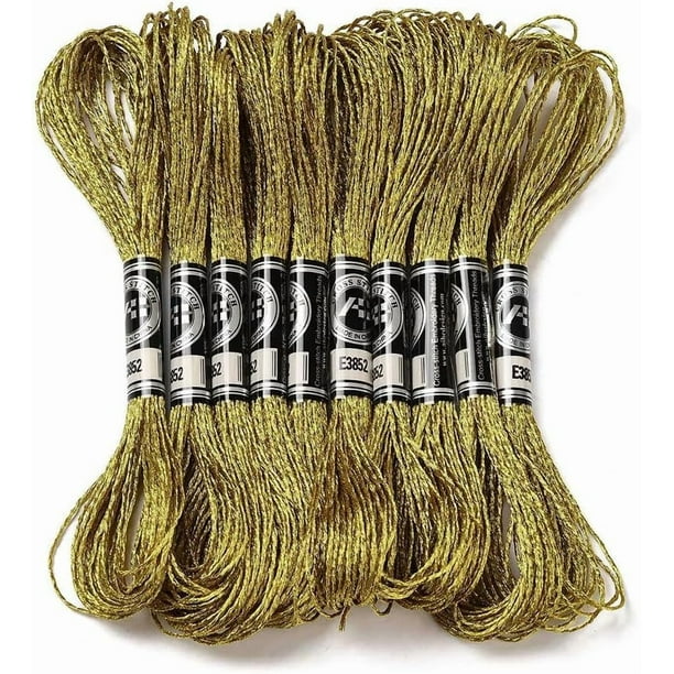 10 madejas de hilo de bordar de poliéster amarillo dorado con purpurina metálica, hilo de bordar dorado y plateado brillante, hilo de poliéster a granel