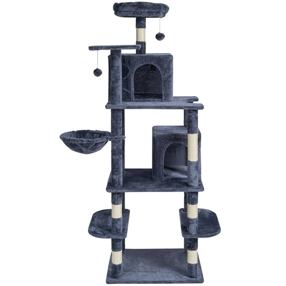 KFFKFF Feline Haven: 68.5" Multi-Level Cat Playground, Includes Dual Kitty Condos, Sisal Post, Lounging Hammock, Observation Deck, Leaping Shelves, and Play Ball, in Dark Grey
