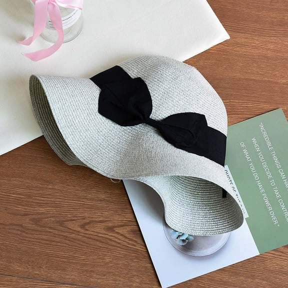 COCOpeaunt Summer New Womens Sun Hat Bucket Cap Ribbon Flat Top Straw Hats Beach Caps Panama Women Sun Hat Brim Bowknot Straw Outdoor Hat