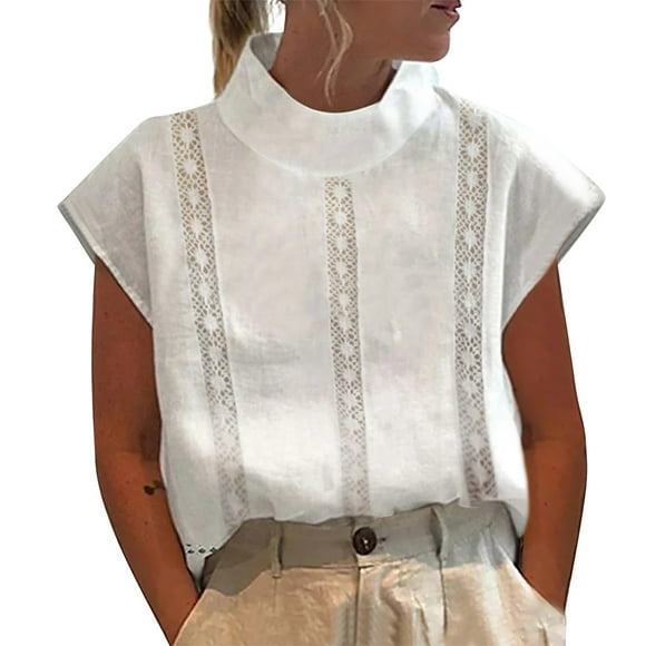 Women'S Solid Color Summer Cut Out Pullover Lace Slim Sleeveless Short Sleeve Collar Shirt Top Vest
