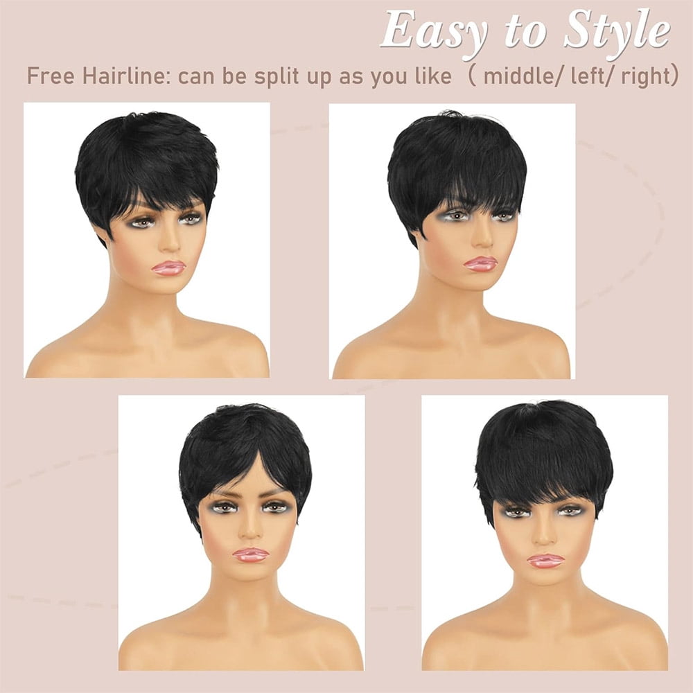Human Hair Pixie Cut Wigs for Black Women Short Layered Straight Pixie Cut Wigs With Bangs Remy Hair Natural Black Color No Glue Wig