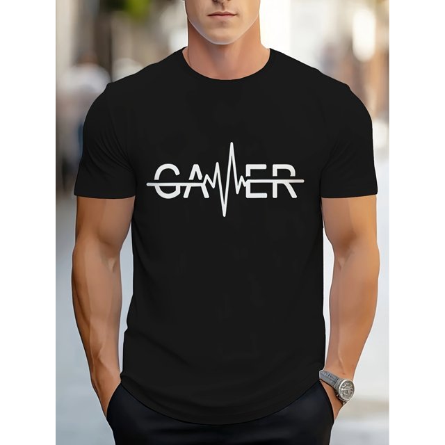 Camiseta informal de poliéster para hombre con diseño geométrico de latido de gamer, cuello redondo, tejido de punto ligeramente elástico, corte regular para uso urbano y fitness.