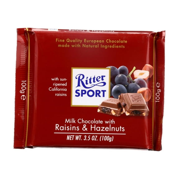 Ritter Sport Milk Chocolate With Raisins & Hazlenut, 3.5 OZ