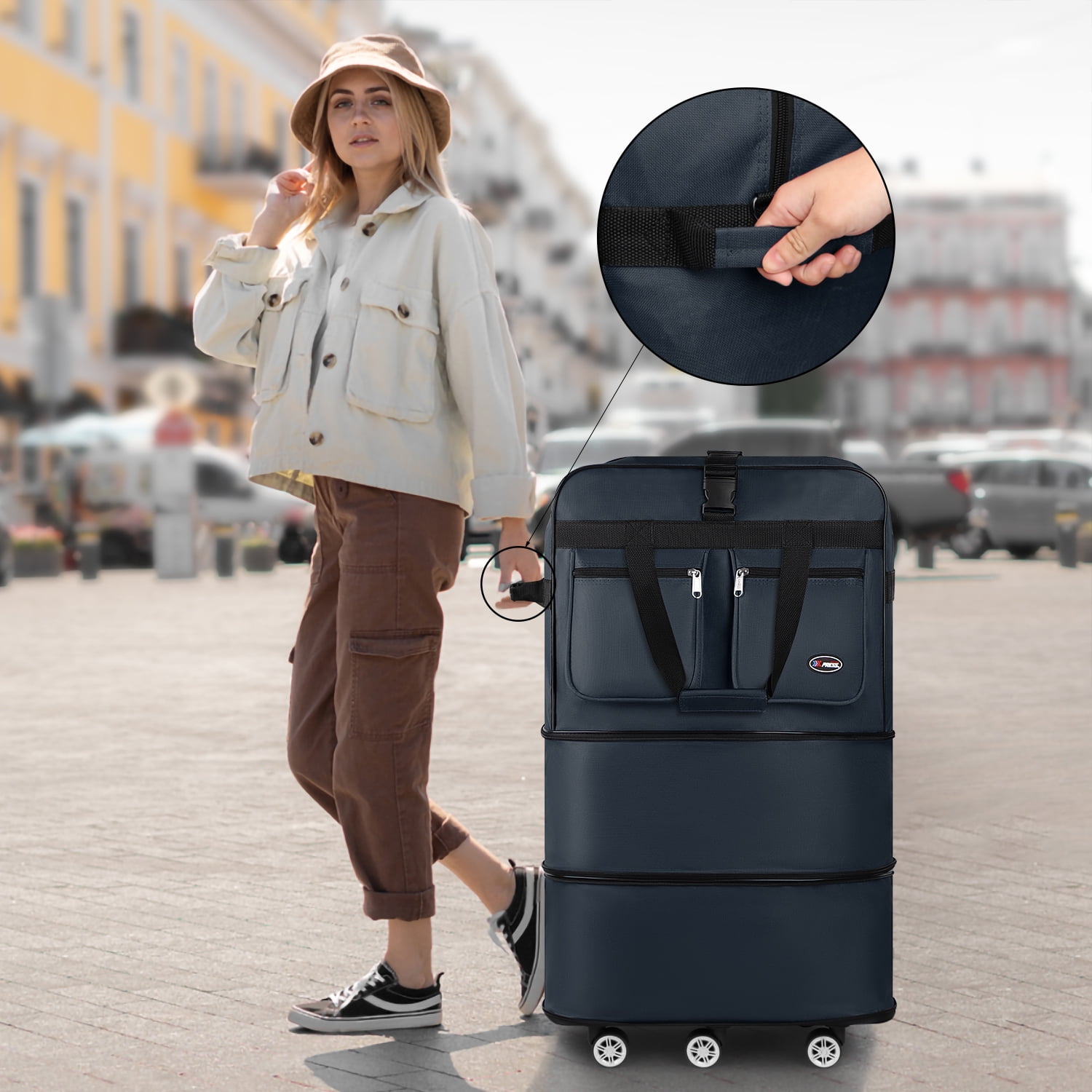 40" Expandable Foldable Luggage Bag,Collapsible Suitcases with Wheels,Rolling Duffle Bag Wheeled Travel Bag for Men Women,MEX-Navy