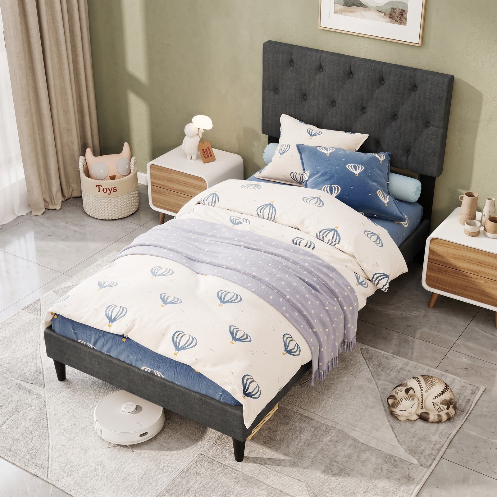 Furnibear Twin Bed Frame, Upholstered Platform Bed Frame with Tufted Wingback Headboard, Twin Bed Frame with Headboard and Slat Support, Gray