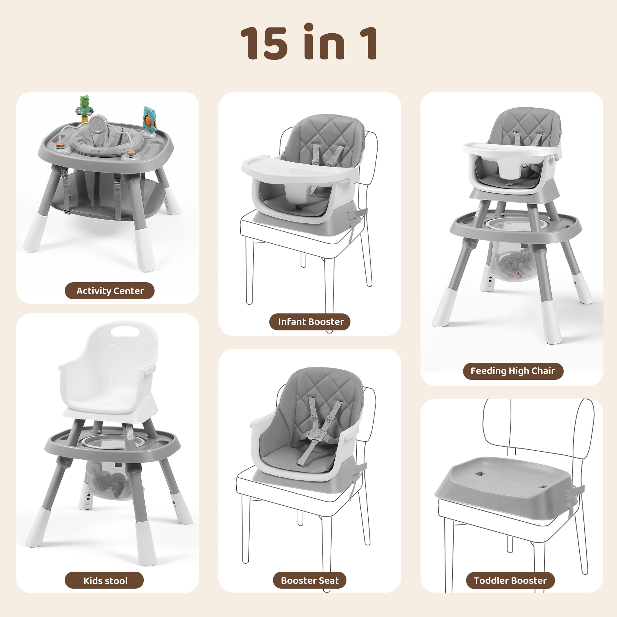 AILEEKISS 15-in-1 Baby High Chair, Toddler Dining Booster Seat with Activity Center, Grey