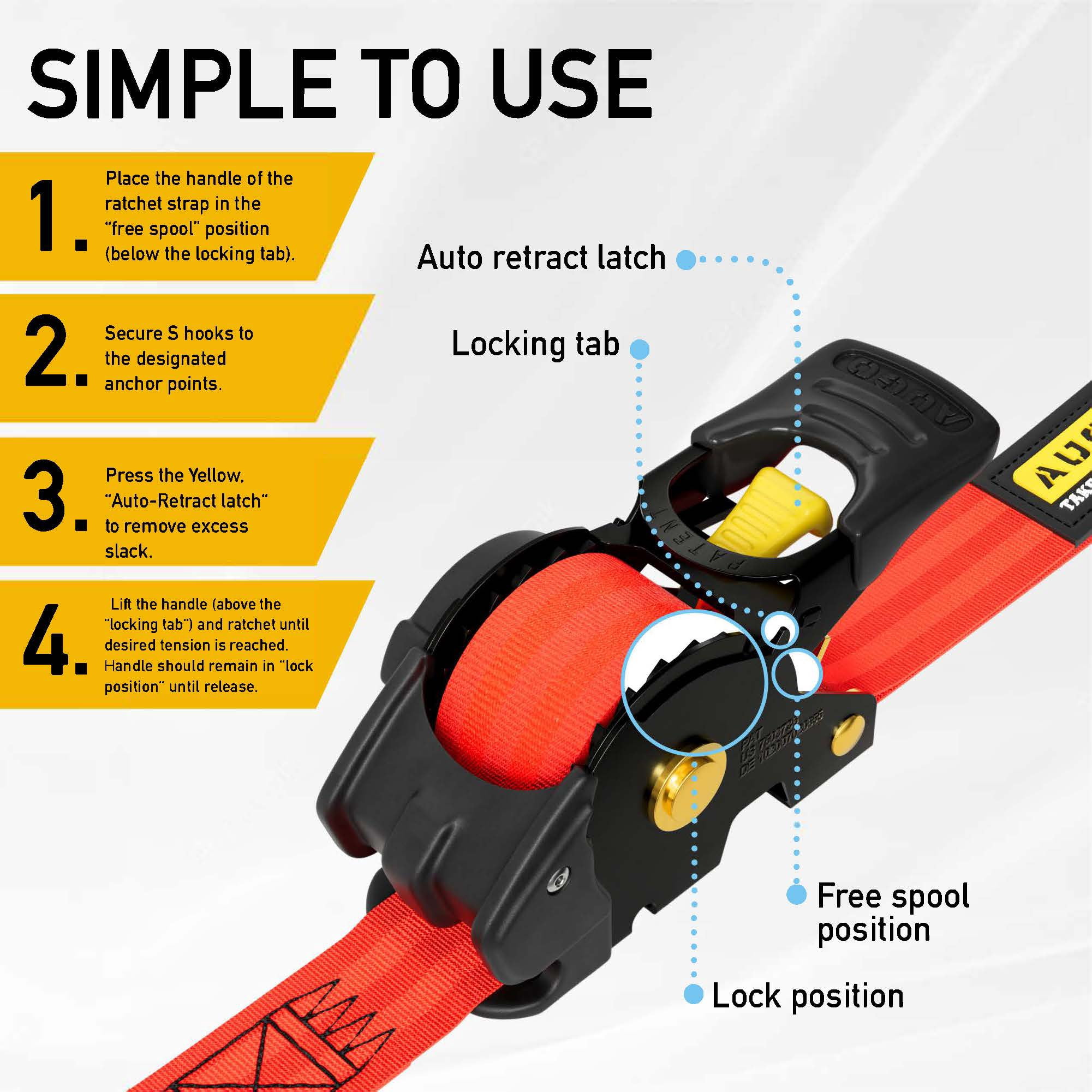 AUGO Retractable Ratchet Straps | 2 Heavy Duty Ratchet Straps Self Retractable Tie Down Straps with Soft Loops & Storage Bag for Motorcycle, Truck, Trailer, Cargo Van |1200 Lb Break Strength 1” x 10’