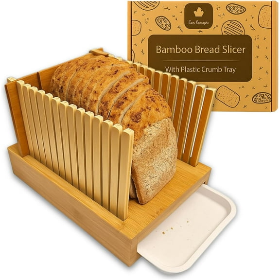 Bamboo Bread Slicer Guide Cutter For Slicing Homemade Bread, Bagels, Sourdough Loaves - Folable & Compact, Adjustable Width & Thickness, Crumb Tray, Kitchen Gadget & Gifts