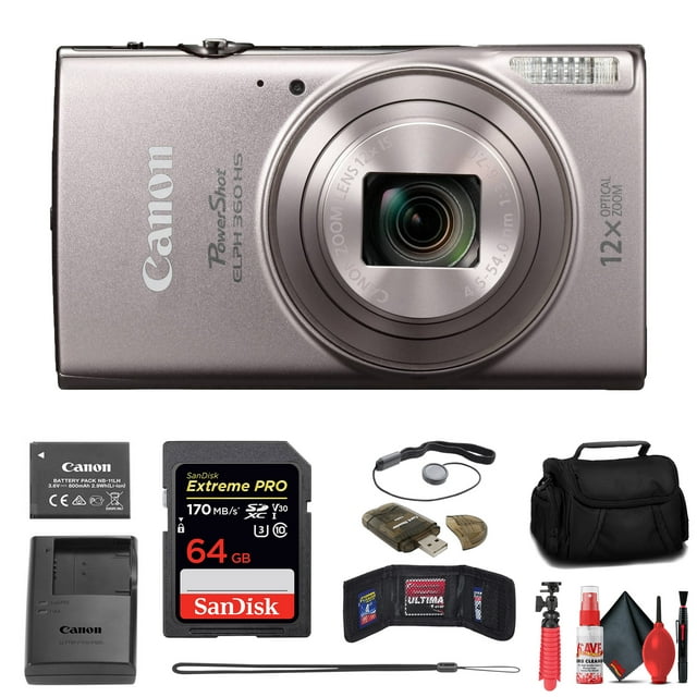 Cámara digital Canon PowerShot ELPH 360 HS (Plata) (1078C001) + Tarjeta de memoria de 64 GB + Estuche + Lector de tarjetas + Trípode flexible + Cartera para memoria + Protector de tapa + Kit de limpieza Canon 1078C001_EDI_1