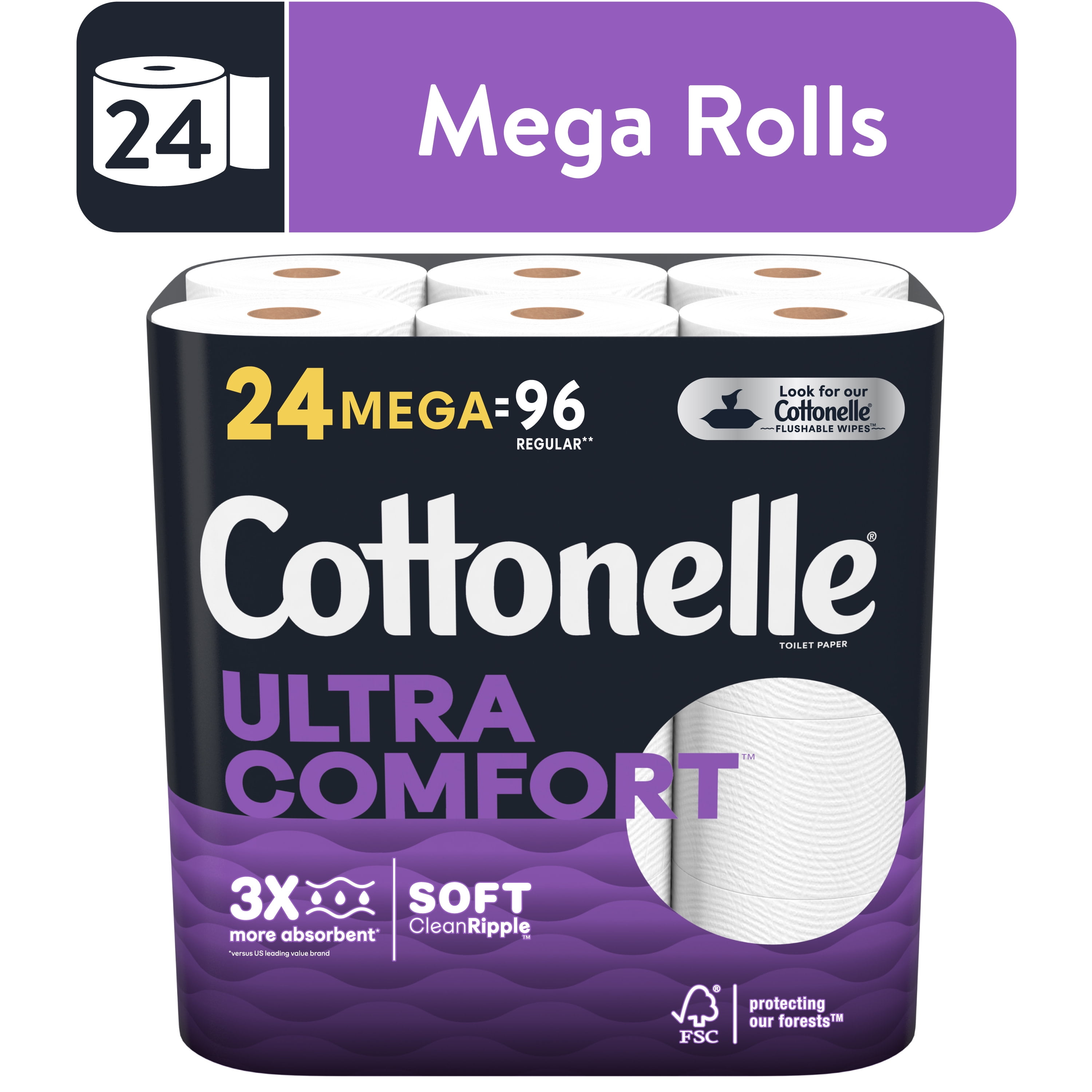 Cottonelle Ultra Comfort Toilet Paper, Strong Toilet Tissue, 24 Mega Rolls (24 Mega Rolls = 96 Regular Rolls), 268 Sheets per Roll