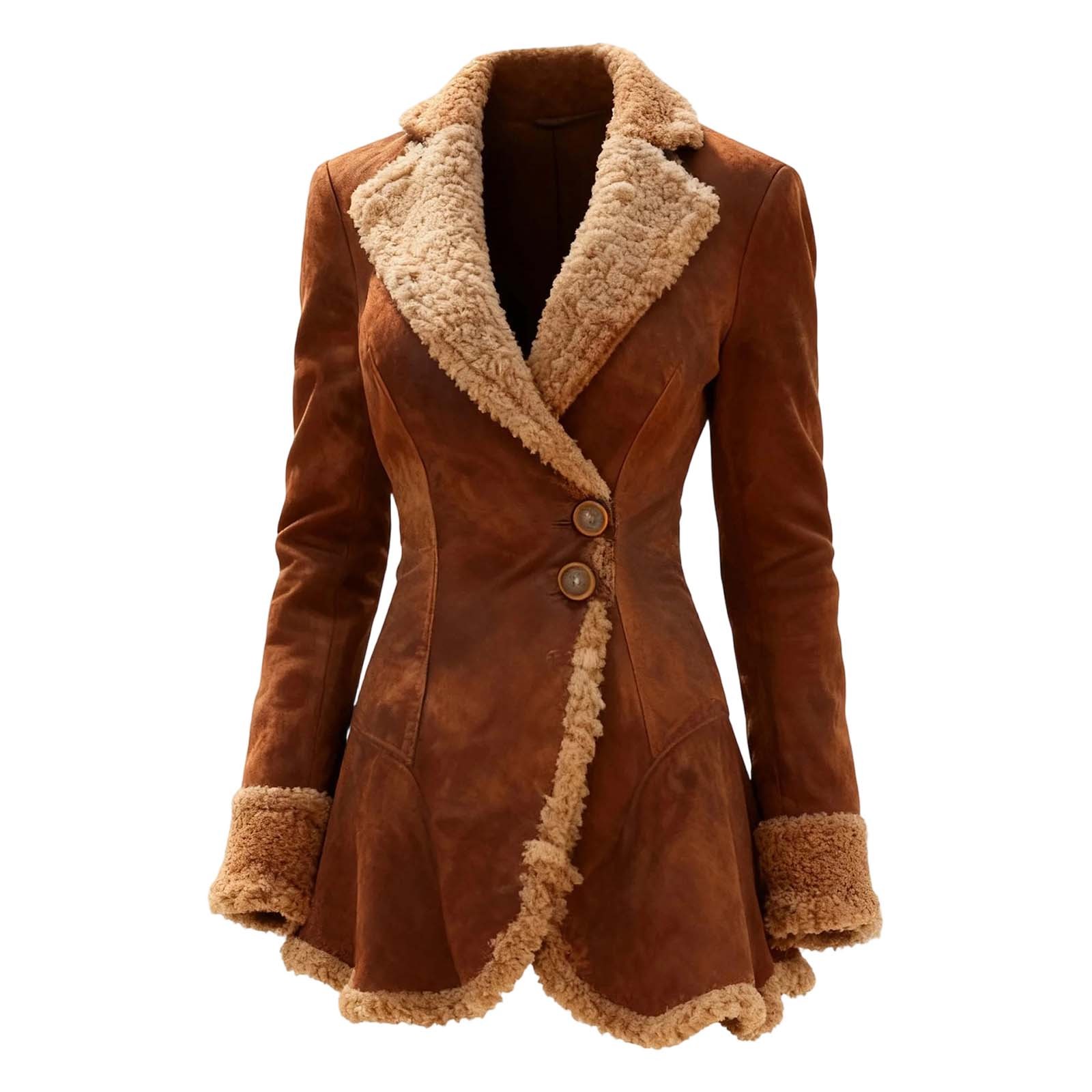 YAYUBA Womens Western Cowboy Vintage Suede Jacket Plush Collar Coats Faux Leather Winter Long Jackets Zip Up Casual Retro Tops