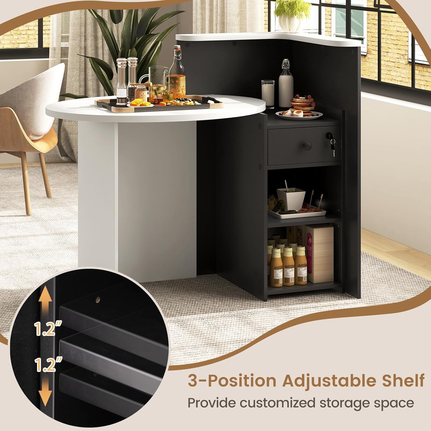 Reception Desk, Small Retail Checkout Counter with Lockable Drawer and Open Shelves, Wooden Front Desk Reception Counter, Oval Desktop & L Counter for Store Office Lobby Salon (Black)