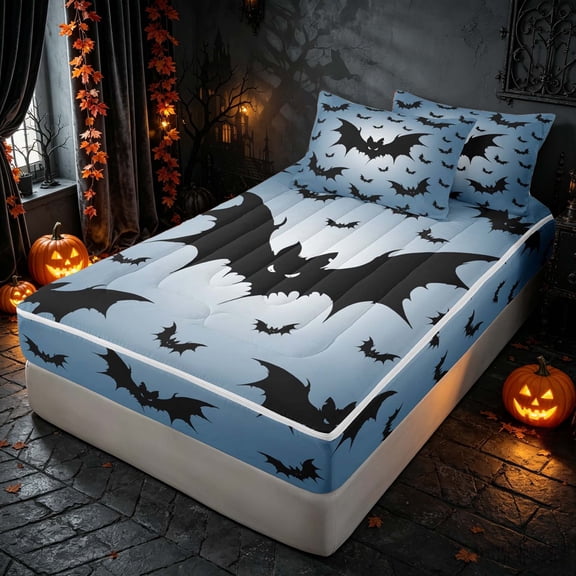 Homewish Scary Bat Silhouette Zipper Twin Comforter Sets with Fitted Sheet and 2 Pillowcases, Halloween Horror Zipper Bedding Set, Sky Blue Black, Black Reversible