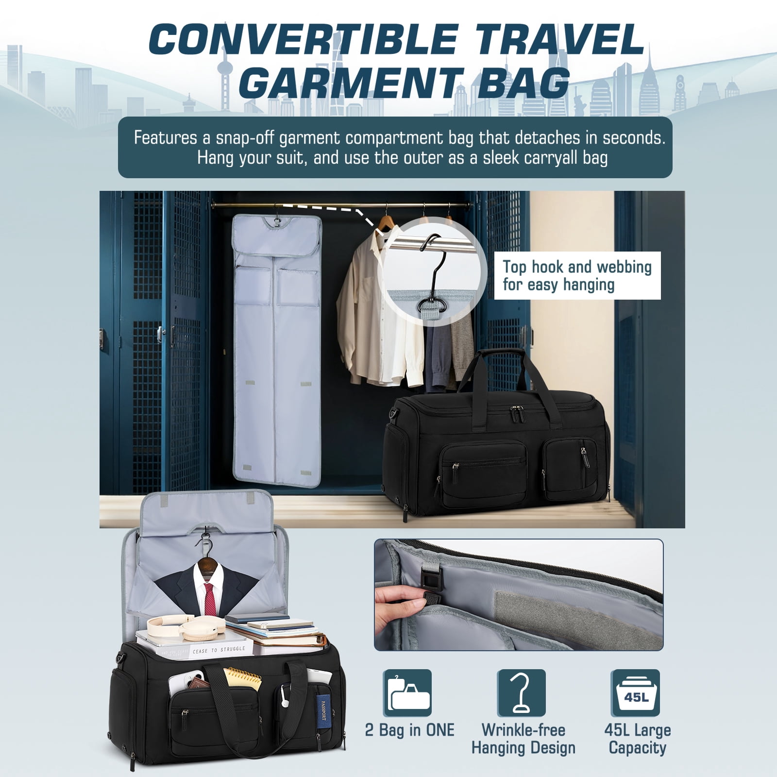 RAINSMORE Travel Garment Bag for Men, 3 in 1 Convertible Duffel Bag with Suit Hanger, Large Capacity Travel Carry on with Shoe Compartment Water Resistant Weekend Overnight Bag Business Trip, Black