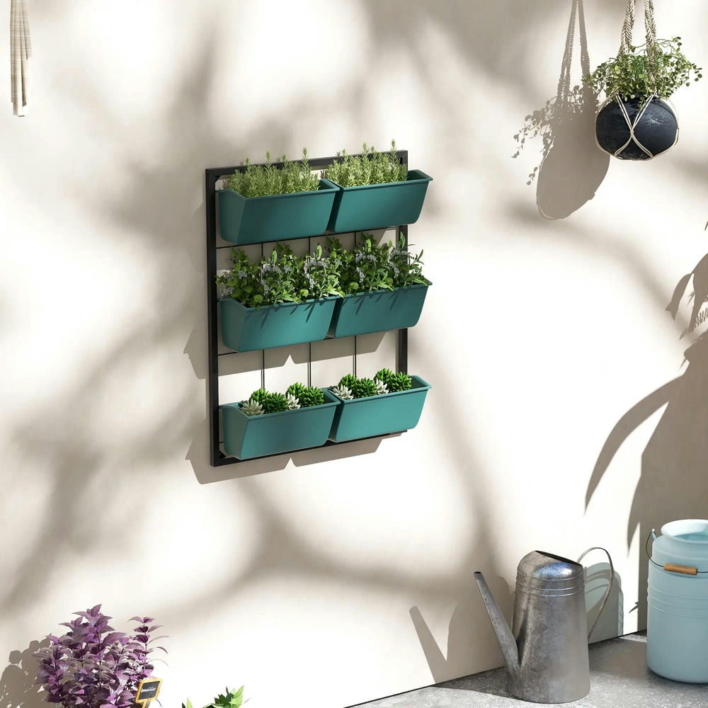 Resenkos 3-Tier Hanging Planter with 6 Pots for Indoor and Outdoor Use, Wall Planter, Self Draining & Wall Mounted, Green