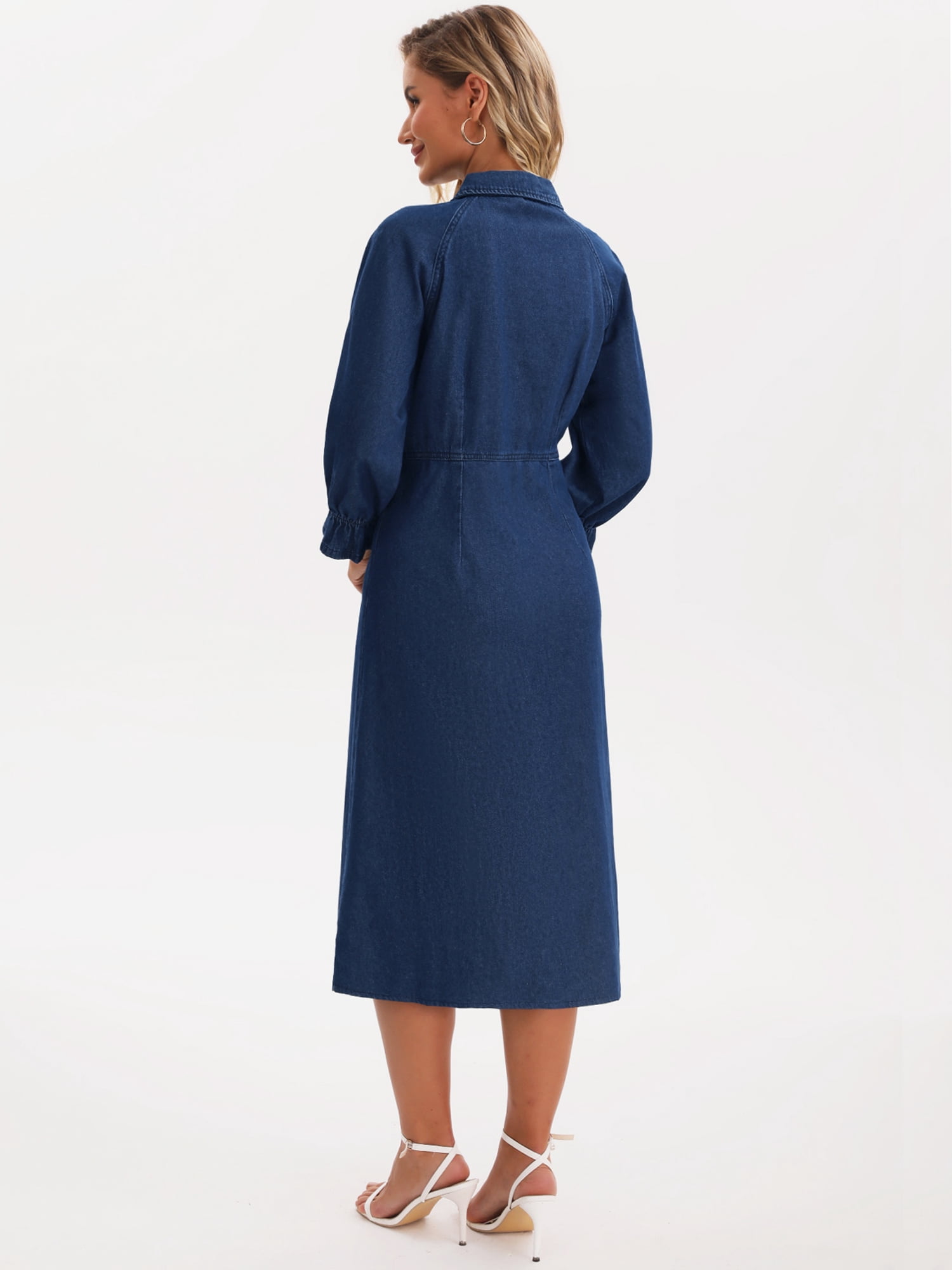 DARING DIVA Women's Ruffle 3/4 Sleeve Jean Button Down Shirt Dress M Dark Blue