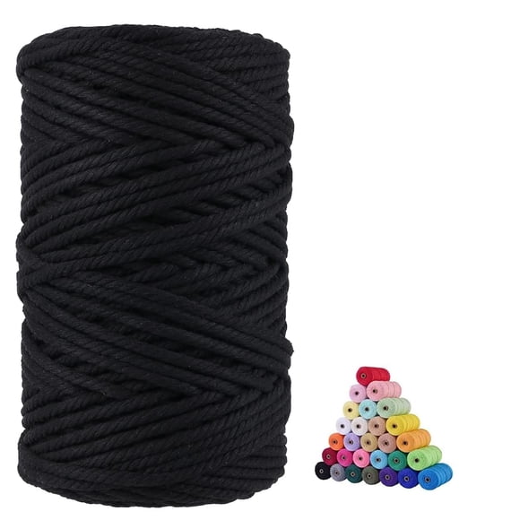 Cordón de macramé volteado, 100% algodón natural, 5 mm x 110 m, color negro
