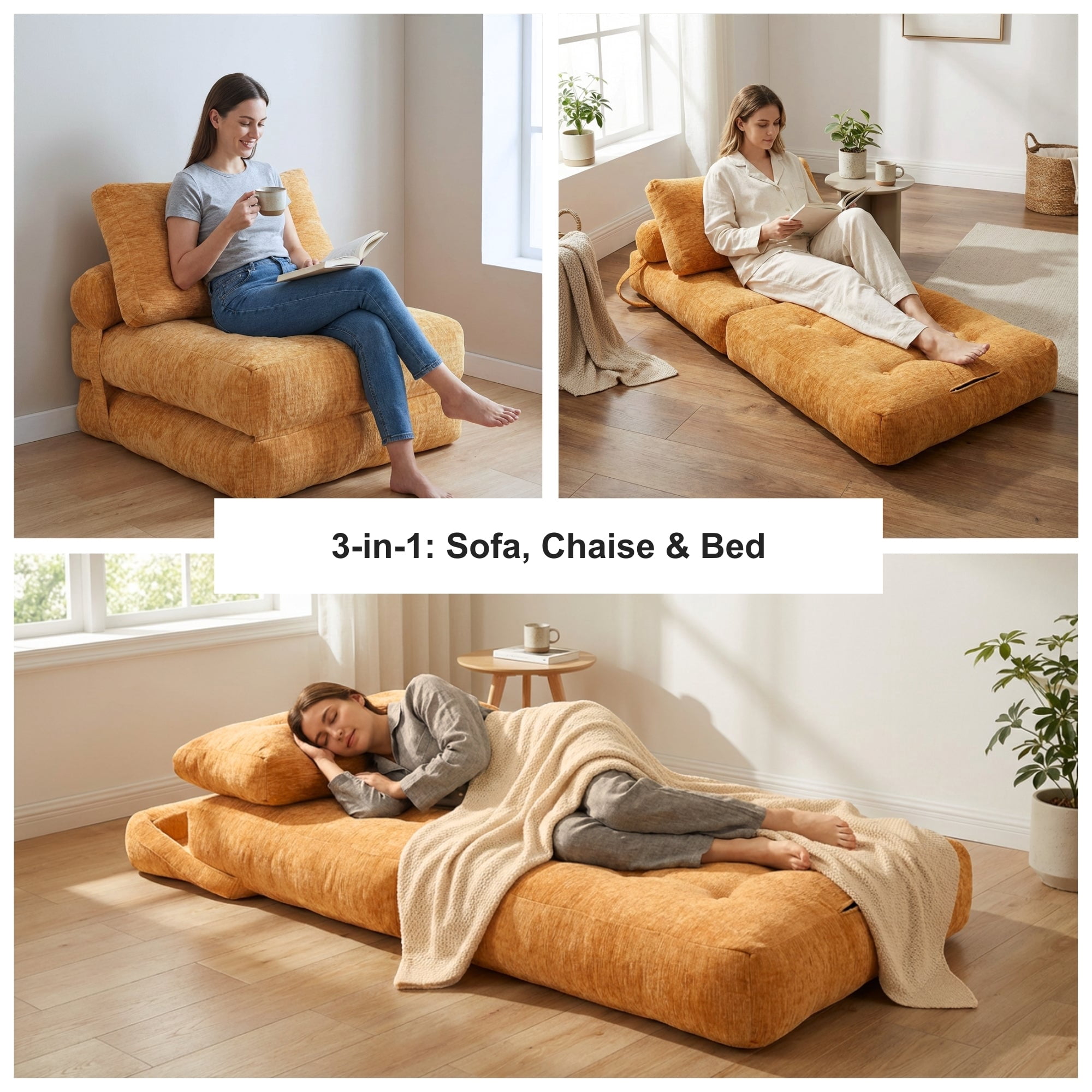 Oak and Birch Boneless Folding Sofa Bed, Convertible Floor Futon Chaise Lounge & Sleeper Bed, Shredded Foam Floor Couch for Living Room, Bedroom, Kids Room, Apartment, Chenille, Burnt Orange