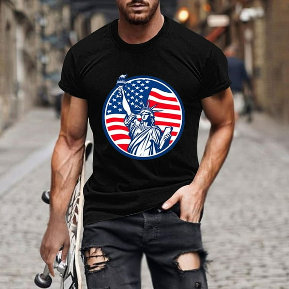 T Shirts for Men under $5 Independence Day Printing Short Sleeve Round Neck Shirts for Men Pullover Men's T-Shirt Shirts for Men Black L