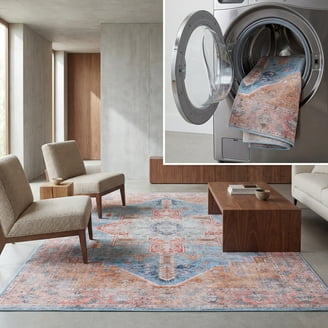 SAFAVIEH Serapi Washable Rug - 6'7 Square, Blue & Orange, Stain Resistant & Machine Washable 2 thumbnail image