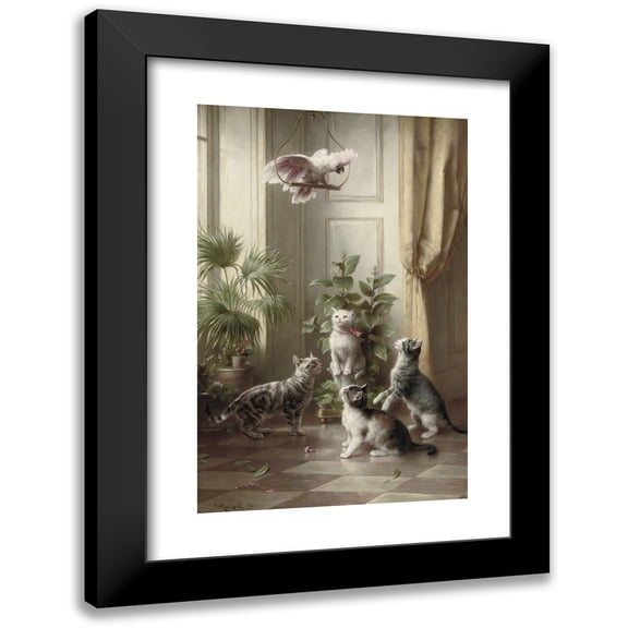 Carl Reichert 11x14 Black Modern Framed Museum Art Print Titled - Cats and the Cockatoo (1898)