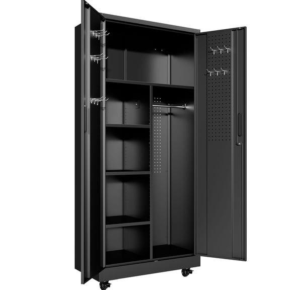Rolling Metal Storage Locker Cabinet with Lockable Doors - 71" Freestanding Steel Wardrobe for Home, Office, School, Employee, Gym & Fire Department (Black)