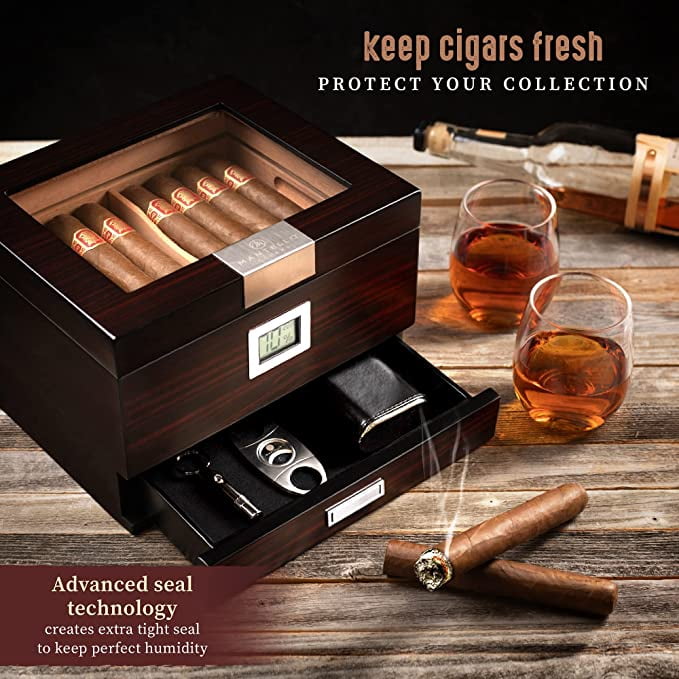 Mantello Cigars Humidors- Humidor Cigar Box Drawer for Cigar Accessories - Cigar Humidor with Digital Hygrometer- Gifts for Men- Spanish Cedar Humidors - Holds 25-50 Cigars - Walmart.com
