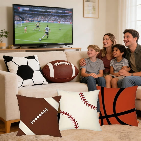 4 Pcs Retros Minimalists Sports Series Soccer Ball Plush Pillow Baseball Throw Pillow Soft Stuffed Basketball Plush Pillows Football Shaped Toy Sport Theme Cushion for Room Decoration