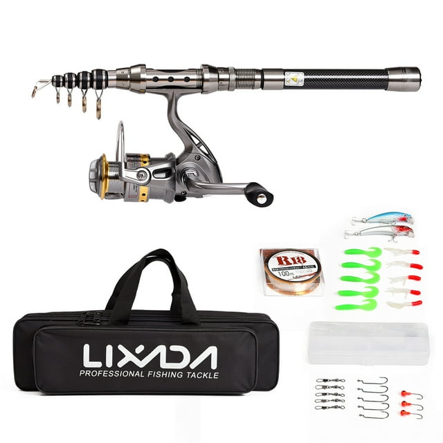 Kit caña giratoria Lixada telescópica caña de pescar y carrete Combo Kit completo de giro del carret Lixada Kit caña giratoria
