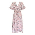 thumbnail image 3 of Pntutb Women Dress Short Sleeve V-Neck Flowers Print Beach Leisure Long Dress, 3 of 5
