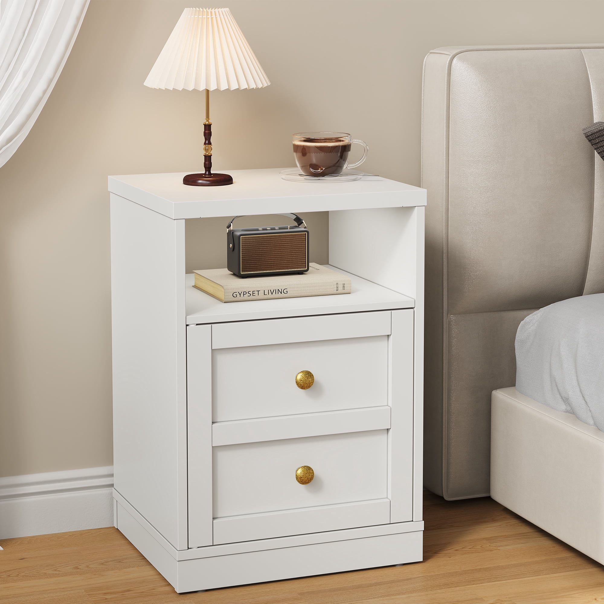 Cozy Home white Nightstand with Storage Shelf & Door, Faux Drawer Design End Table, Compact Side Table for Bedrooms, Dorm Rooms & Small Spaces, Set of 2