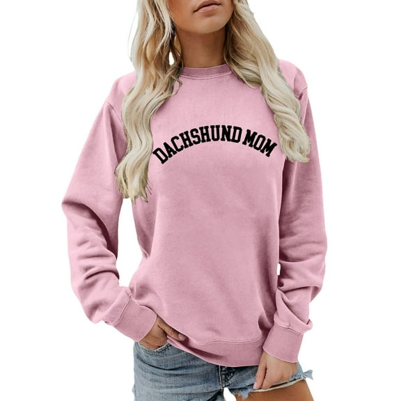 FYEGRE Women's Hoodless Sweatshirt Dachshund Mom Sweatshirt, Women Retro Crewneck Pullover Tops Funny Dachshund Lover Sweater Gifts Shirt for Dog Owner Pink XL