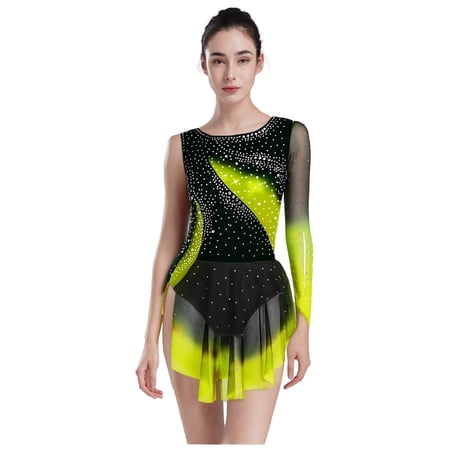 SiiRoh Womens Gradient Color Lyrical Dance Dress Single Sleeve Irregular Skirt Figure Skating Leotard Dancewear Yellow XXL