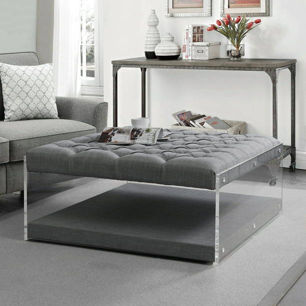 Inspired Home Anupi Linen Ottoman, Light Grey Tufted Coffee Table