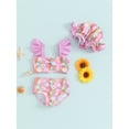 thumbnail image 3 of Aojekbee Toddler Girls 3Pcs Swimsuits Rainbow Floral Print Ruffle Bikini Sets with Hat Summer Bathing Suits, 3 of 10