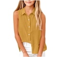 thumbnail image 2 of CAICJ98 Girls Cotton Linen Shirts Sleeveless Collared Tops Oversized Button Up Work Shirts Casual Summer Blouses (Yellow,9-10 Years), 2 of 6