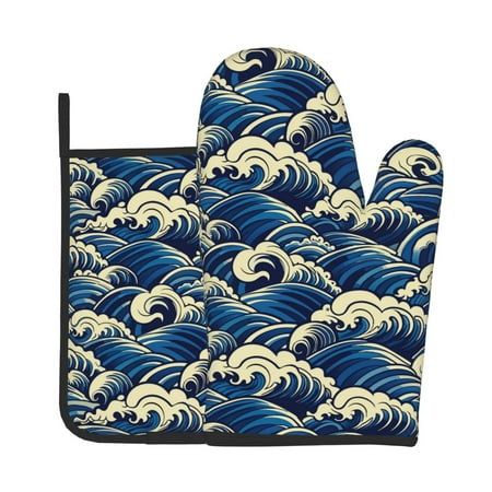 

Jgfou Japanese Water Wave Pattern Oven Mitts and Pot Holders Sets Heat Resistant Oven Mittens Soft Lining Extra Thicken Long Kitchen Cotton Oven Glove for Cooking