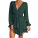 thumbnail image 1 of Vestido skater mini con escote en V profundo y manga larga con cinturón y cordones para mujer, verde, L, 1 of 6