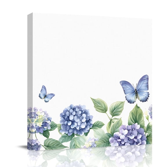 Canvas Wall Art, Flower Butterfly Framed Canvas Prints for Bathroom Desk, Blue Purple Watercolor Wilflower Small Gallery Wrapped Wall Decor for Home Office, Gifts, 8"x8" Ship Next Day