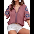thumbnail image 3 of Blusas de Verano para Mujer, Blusas Florales Bordadas con Mangas Abullonadas, Cuello en V, Estilo Bohemio, Informal Rosa L, 3 of 7