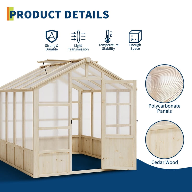 TROPOW Wooden Greenhouse 8x8FT - Heavy Duty Outdoor Green House with Cedar Wood Frame, Polycarbonate Panels, Lockable Door & Adjustable Vent for Garden Yard