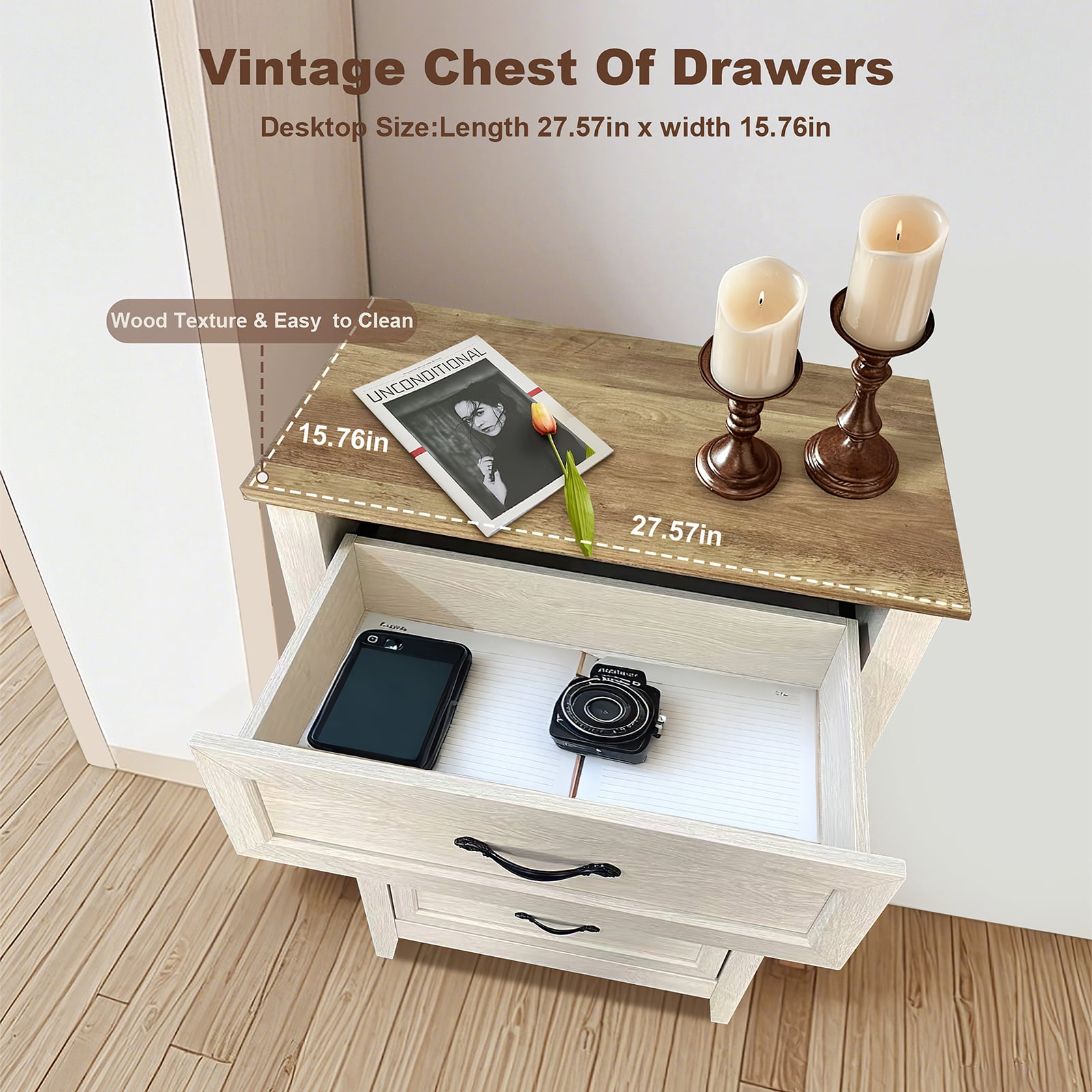 Tzou 5 Drawer Dresser, Farmhouse Tall Dresser for Closet, Rustic Chest of Drawer with Wide Metal Handles, Wood Dressers Organizer for Bedroom, Living Room, Hallway