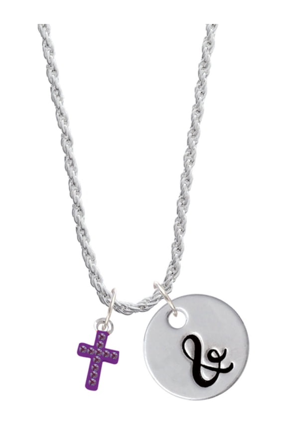 Silvertone Small Purple Crystal Cross Silvertone Script Initial Disc - & - Charm Necklace, 20"+3"