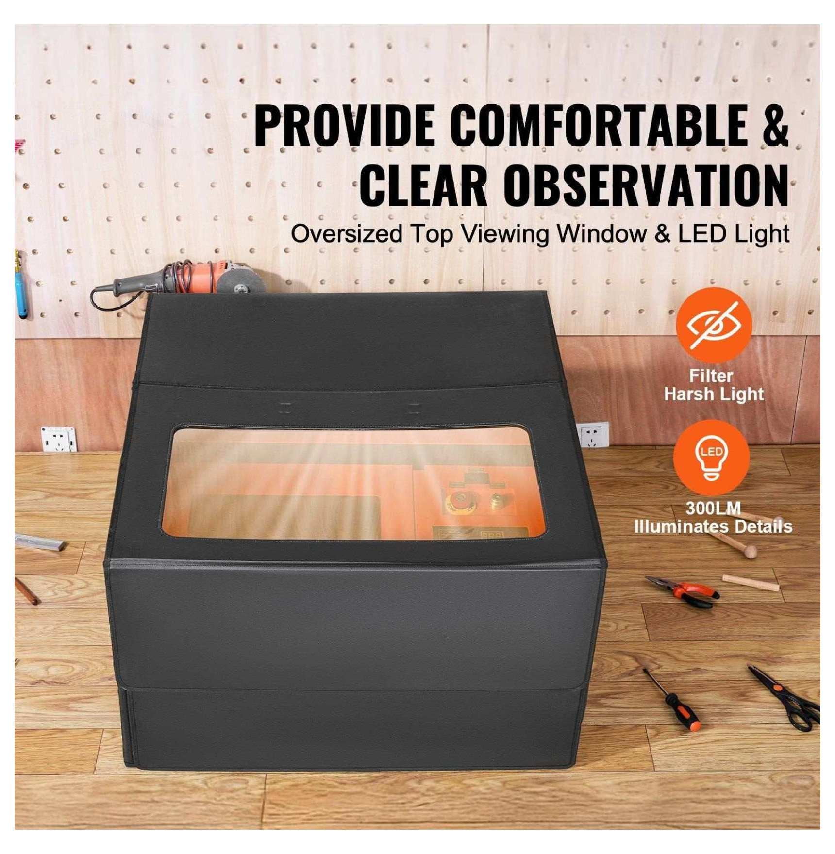 Laser Engraver Enclosure 31.5x31.5x19.6", Fireproof Cover with LED Light & Exhaust Fan, Foldable Protective Safety Box for Laser Engraving Machines, Home & Studio Use