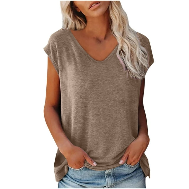 Pompotops Mode Femme Blouse Décontractée Col en V Unie Sans Manches T-Shirt Hauts d'Été