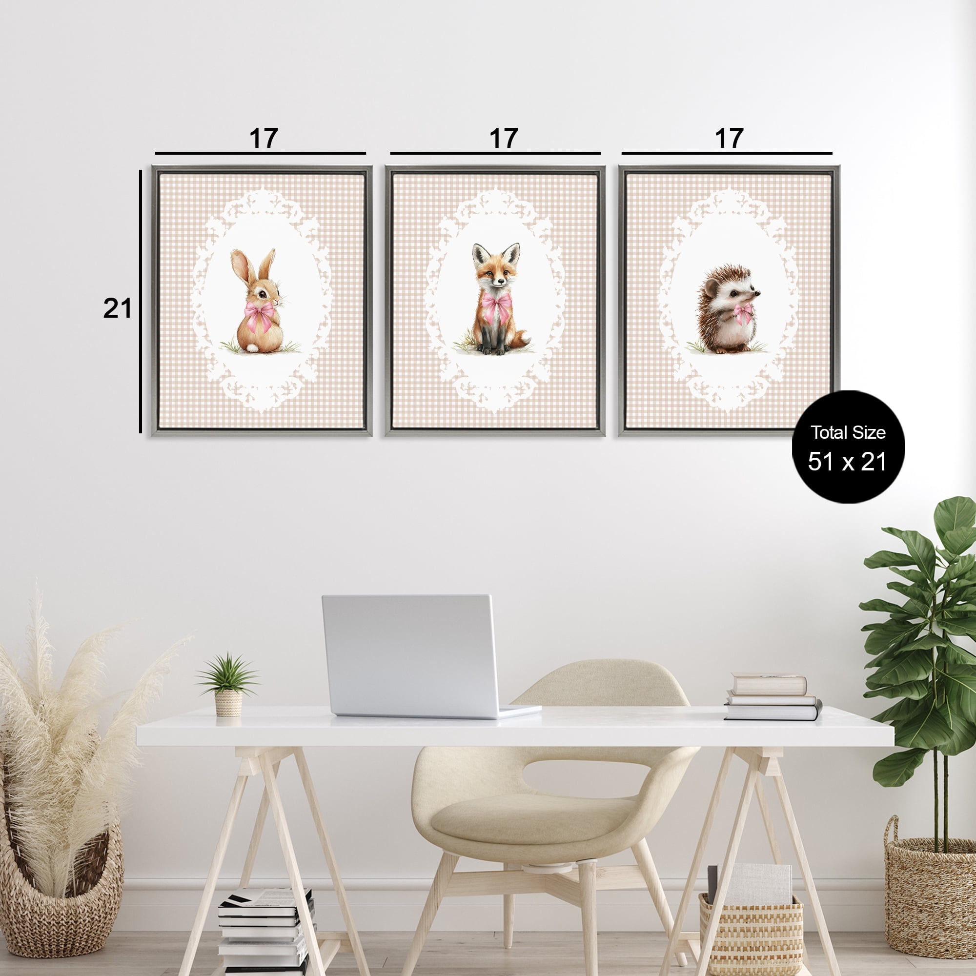 Stupell Industries Vintage Baby Bow Animals 3 Piece Gray Framed Floater Canvas Set, design by Christine Simpson Art